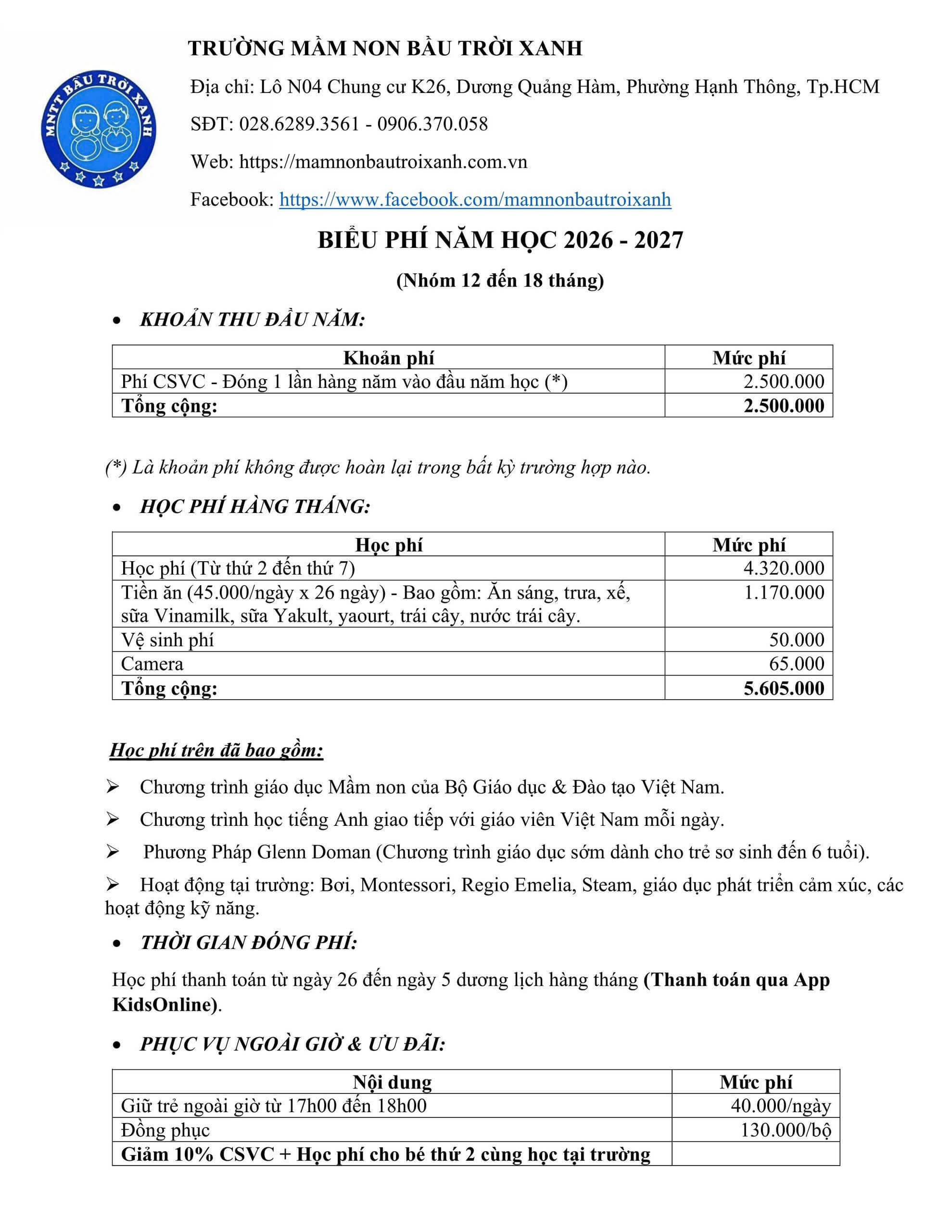 2026-2027 học phí nhóm 12-18 tháng