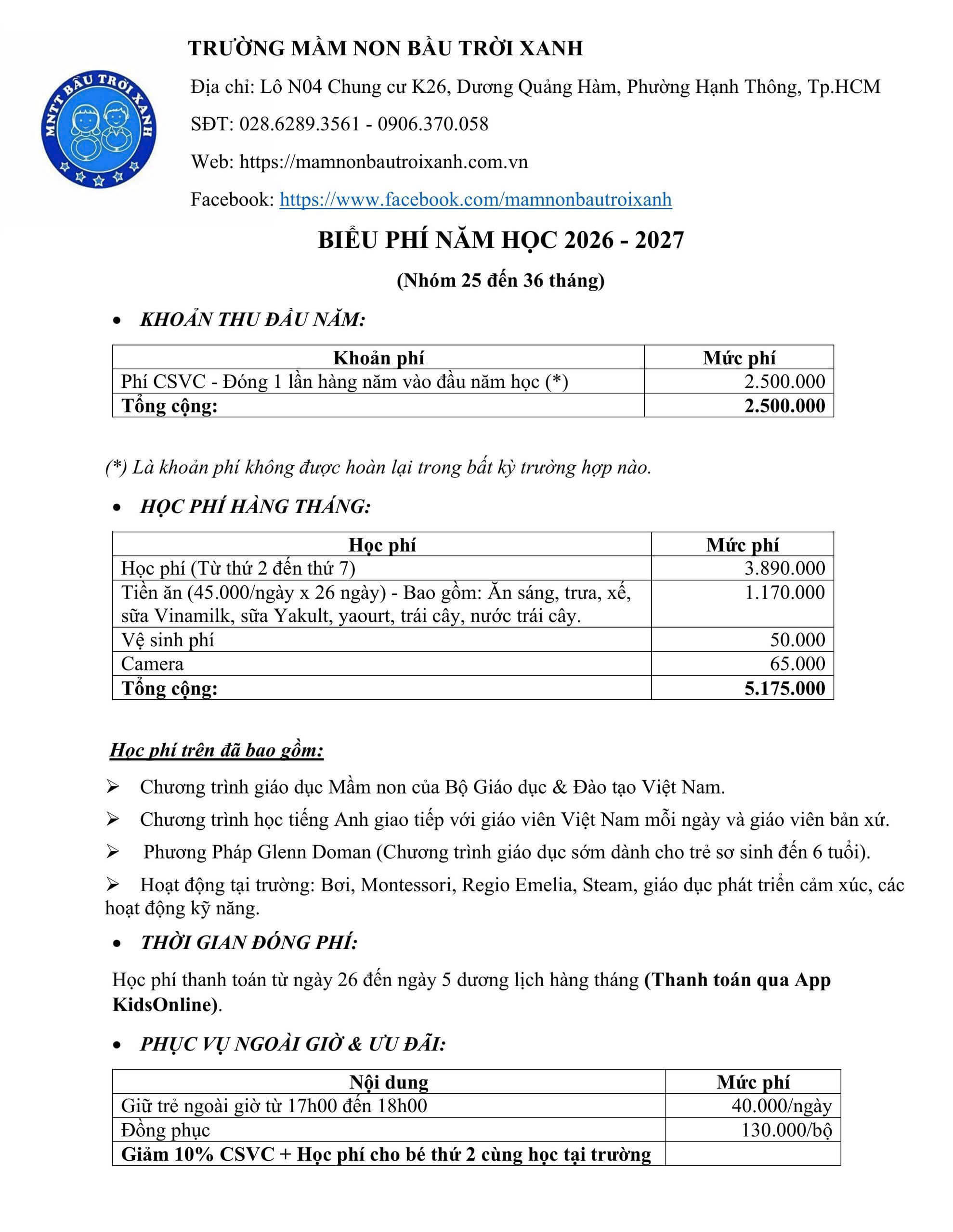 2026-2027 học phí nhóm 25-36 tháng