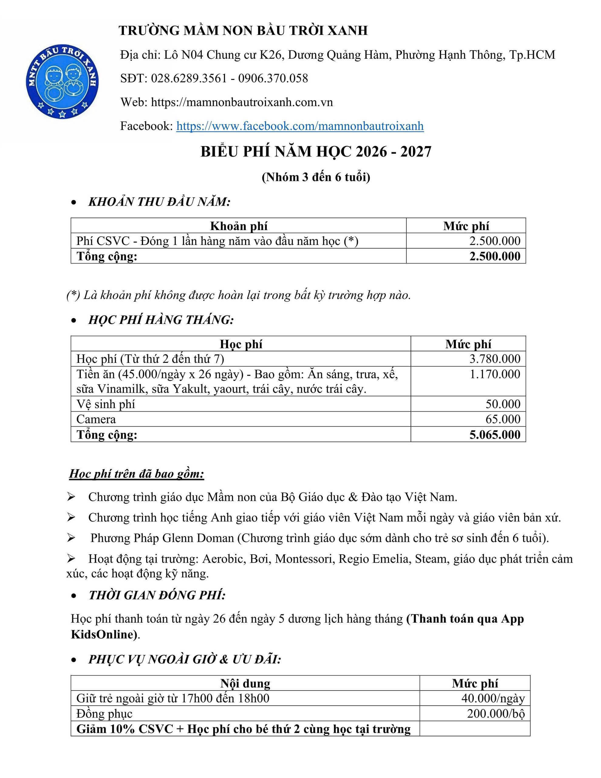 2026-2027 học phí nhóm 3-6 tuổi