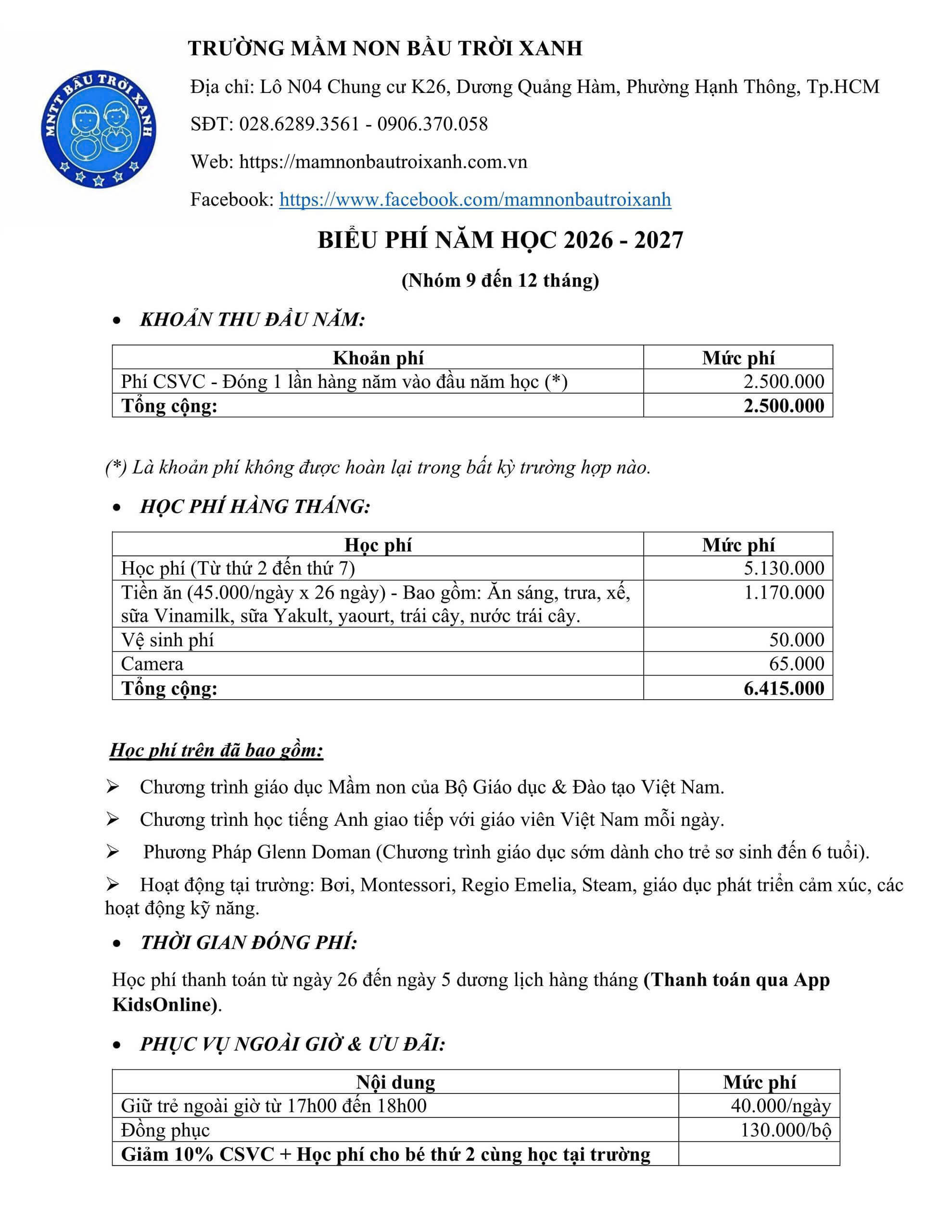 2026-2027 học phí nhóm 9-12 tháng